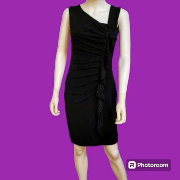 SAINT TROPEZ WEST 1990s Black Ruffle Embellished Ruched Bodycon Angled Dress - Picture 1 of 8
